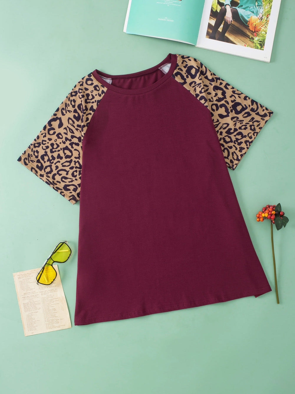 Leopard Print Raglan Sleeve Burgundy Plus Size Tee