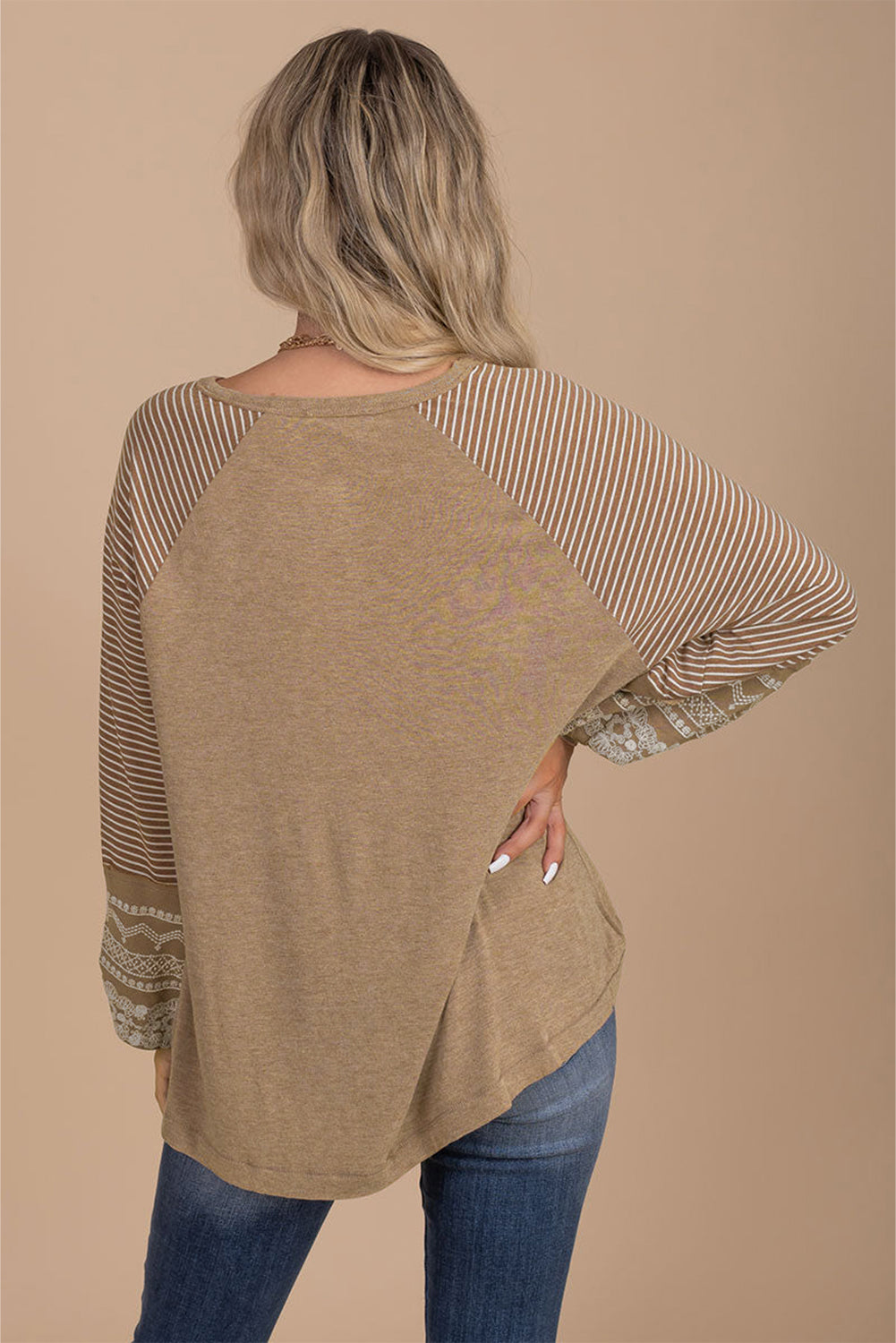 Brown Contrast Print Striped Raglan Long Sleeve Loose Top