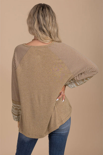 Brown Contrast Print Striped Raglan Long Sleeve Loose Top