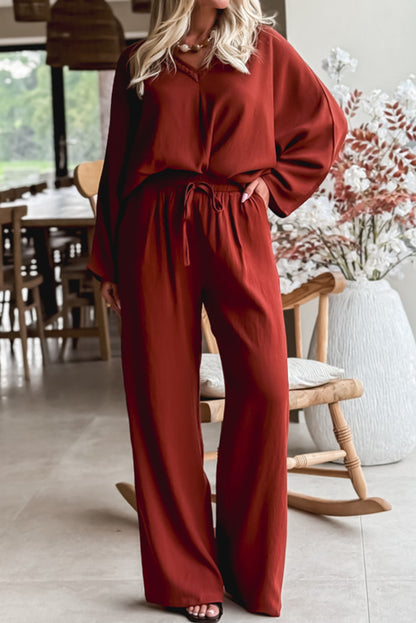 Clay Braided V Neck Long Sleeve Loose Top and Drawstring High Waist Pants 2pcs Outfit