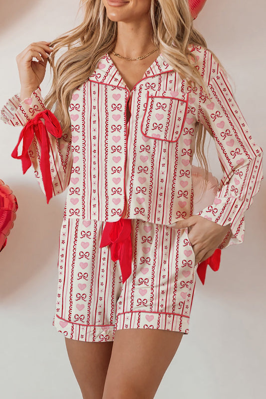 Red Romantic Bow Heart Print Contrast Ribbon Knot Short 2pcs Pajama Set