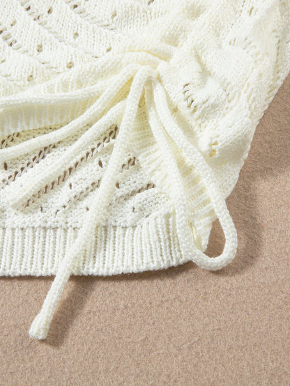 White Crochet Two-Piece Beach Dress with Drawstring Accents
