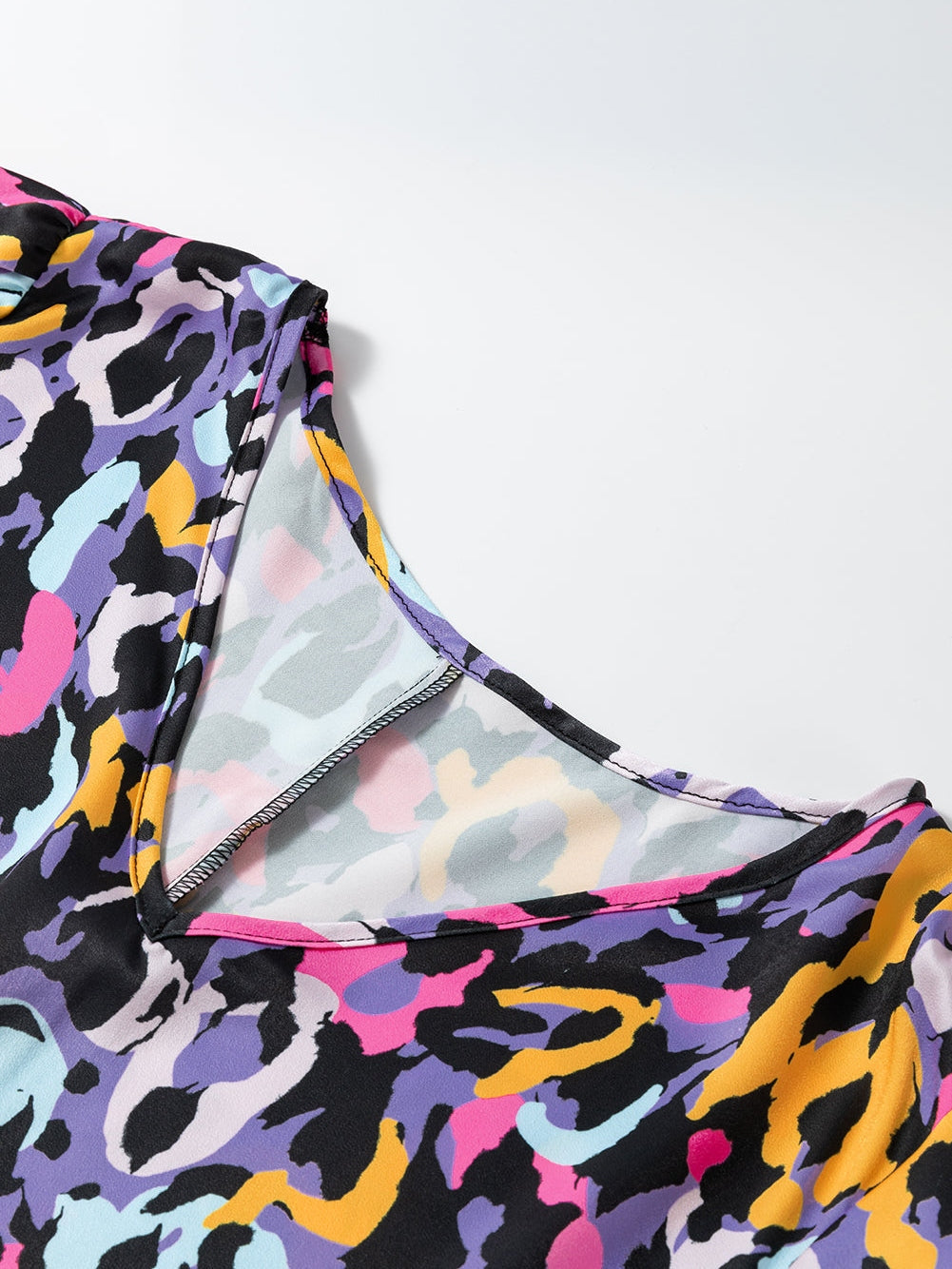 Purple Leopard Print V-Neck Plus Size Mini Dress with Ruffle Detail