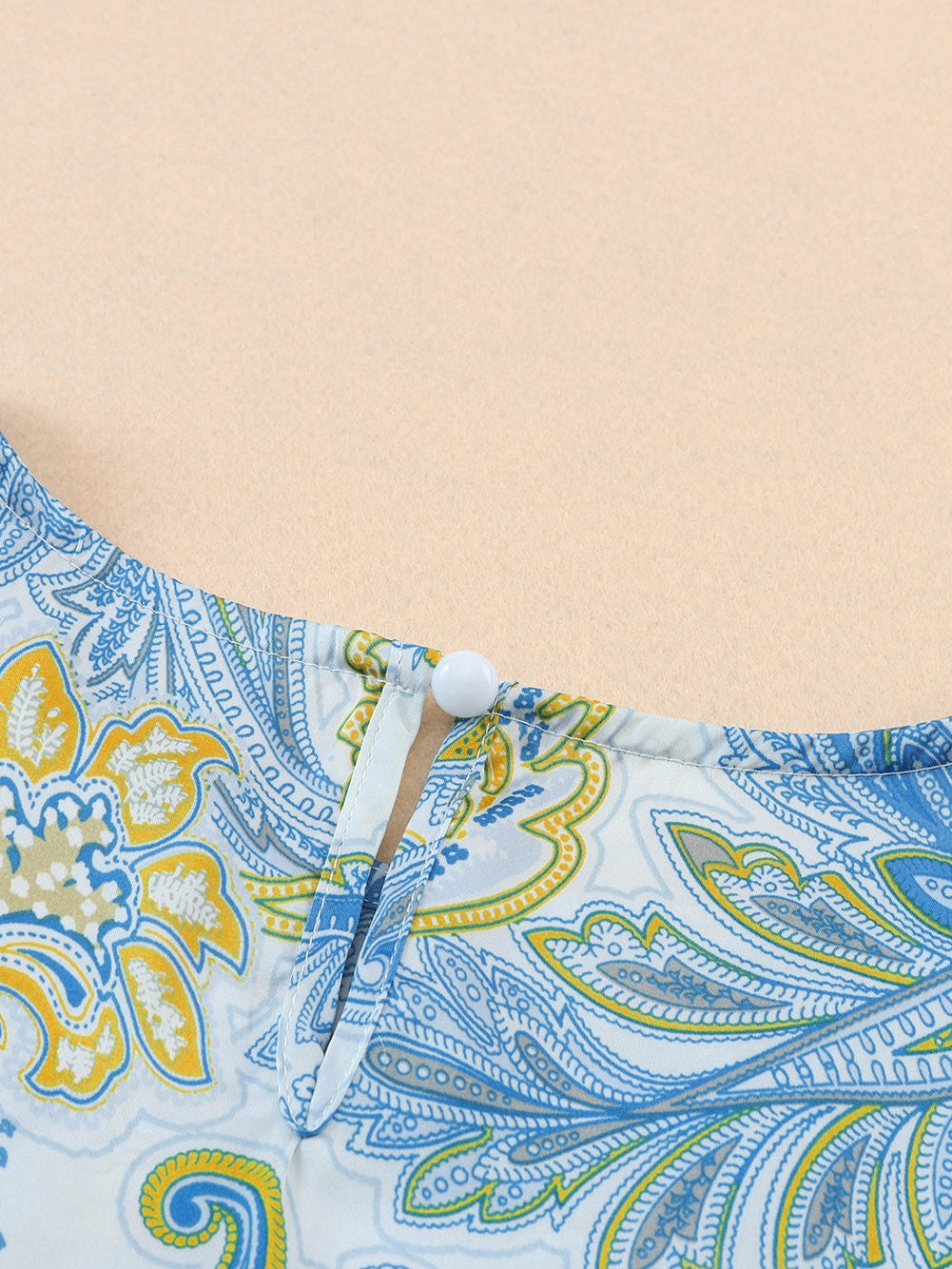 Elegant Sky Blue Paisley Pattern Flowy Blouse with Wide Sleeves