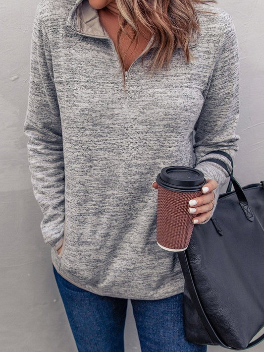 Heathered Gray Zip-Up Pullover with Kangaroo Pocket