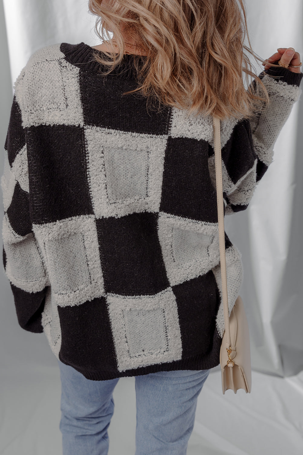 Black Button Front V Neck Checkered Pattern Knit Sweater Cardigan