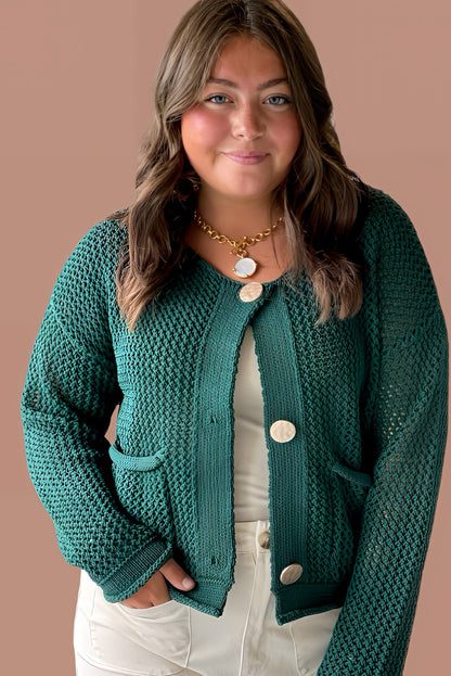 Blackish Green Plus Size Drop Shoulder Knit Button Down Sweater Cardigan