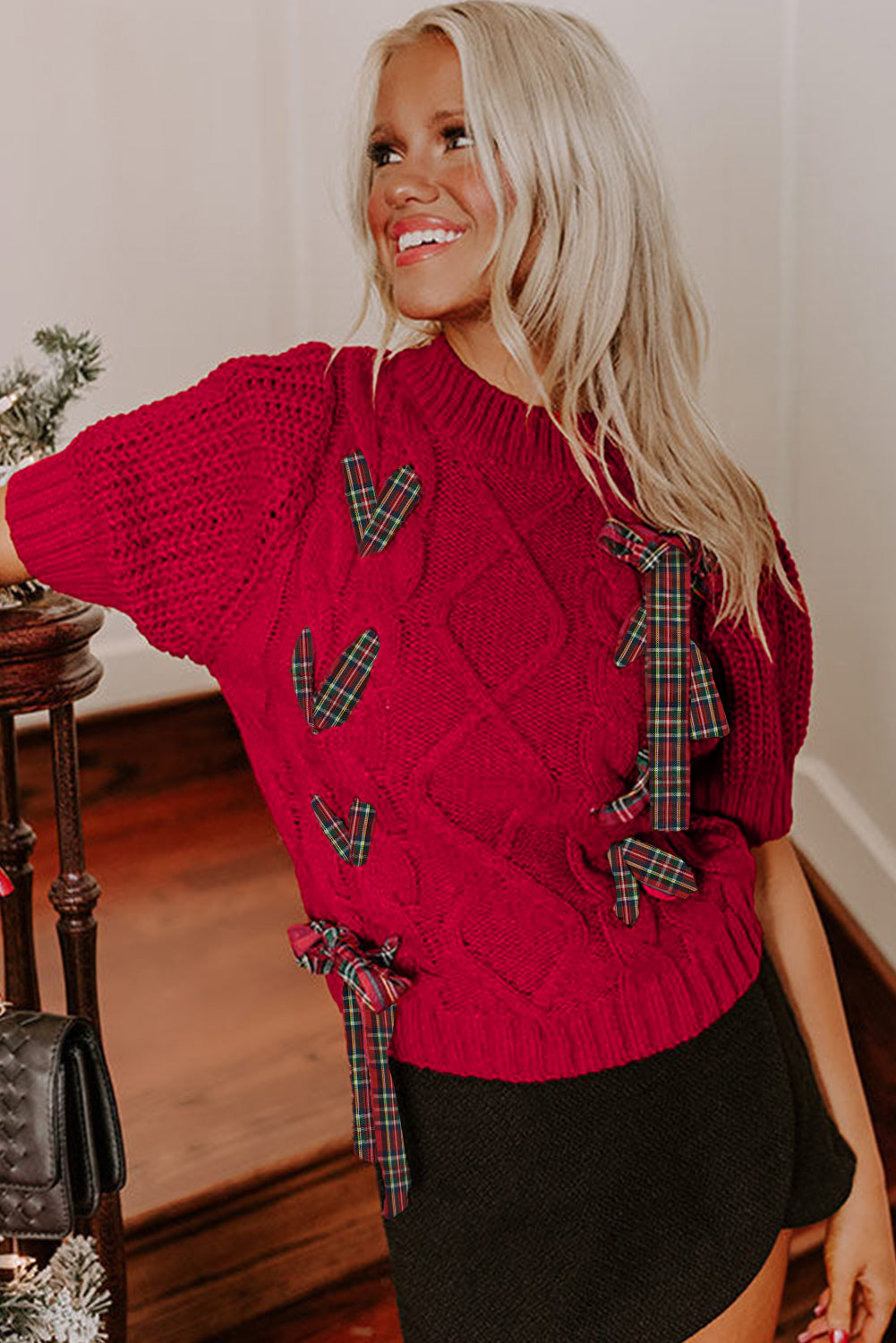 Fiery Red Plaid Lace up Detail Christmas Holiday Puff Short Sleeve Sweater
