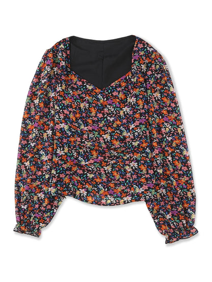 Elegant Black Floral Blouse with Bubble Sleeves