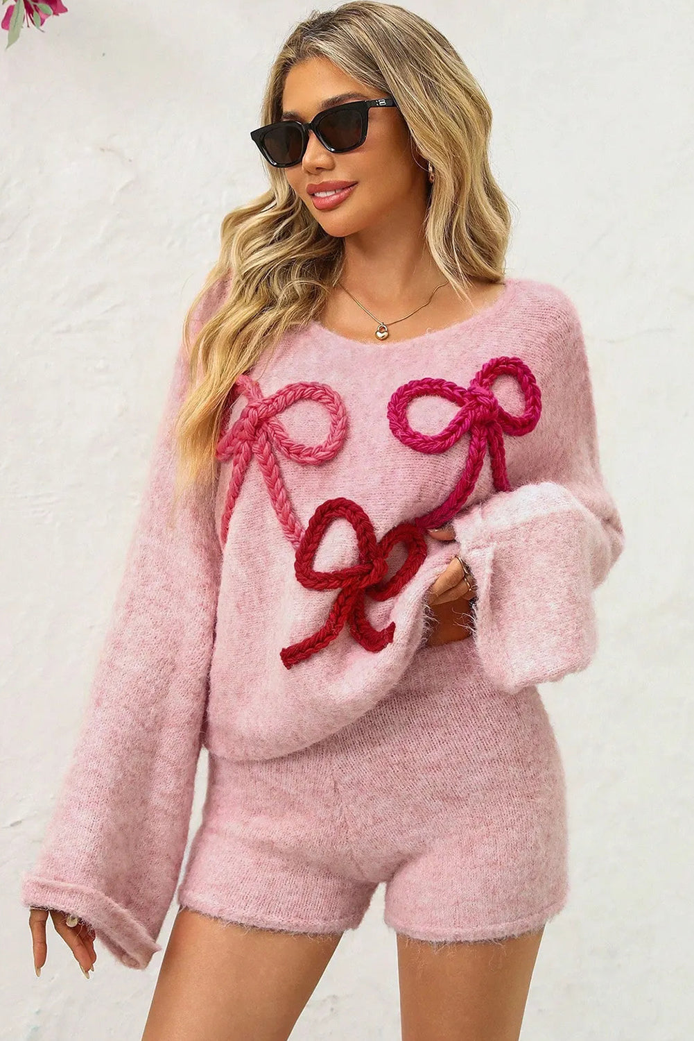 Pink Braided Bow Detail Round Neck Baggy Sweater