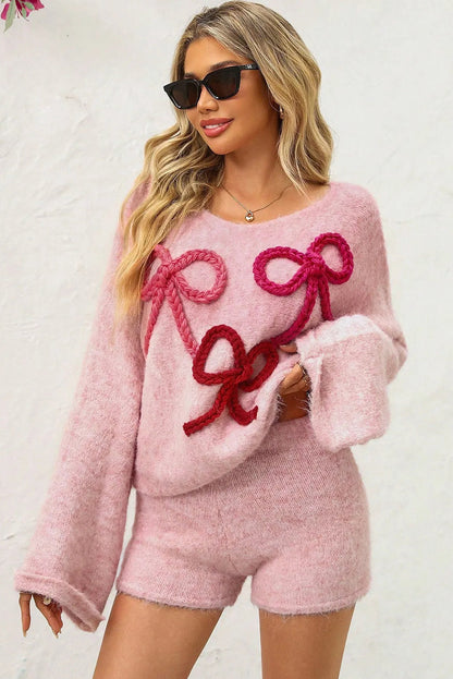Pink Braided Bow Detail Round Neck Baggy Sweater