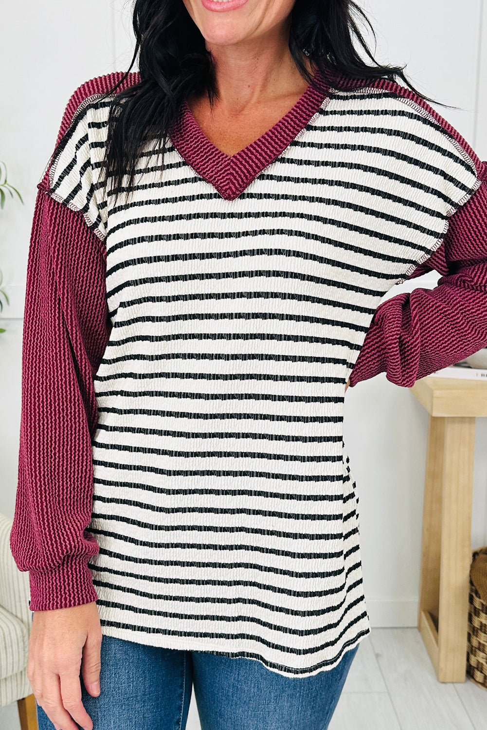 Red Twisted Ribbed Mix Striped Patchwork V Neck Long Sleeve Top