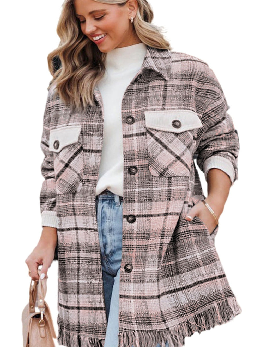 Pink Plus Size Macrame Plaid Coat