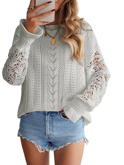 Gray Scallop Neck Crochet Lace Knit Sweater