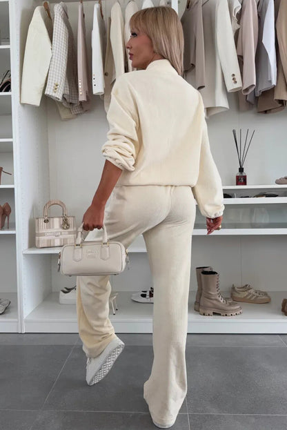 Beige Half Button Pullover Drawstring Pants Solid Color Corduroy 2pcs Outfit