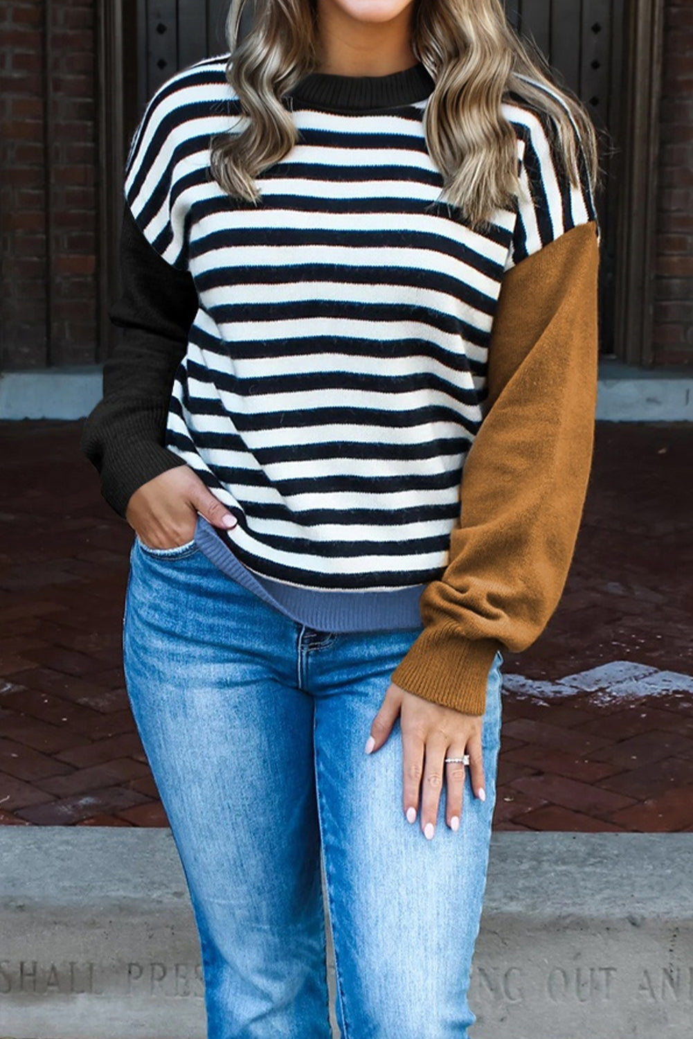 Khaki Striped Panels Colorblock Sleeve Chic Sweater