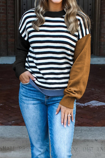Khaki Striped Panels Colorblock Sleeve Chic Sweater
