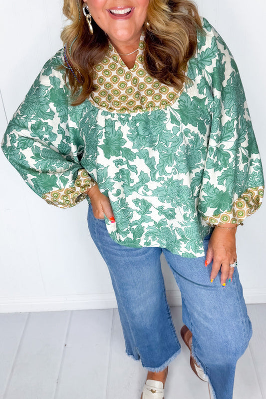 Green Plus Size Floral Print Mixed Patchwork Notched Neck Long Sleeve Blouse