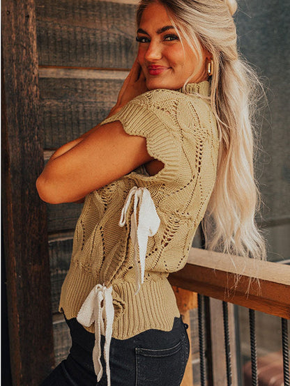 French Beige Scalloped Knit High Neck Sweater with Bow Accents