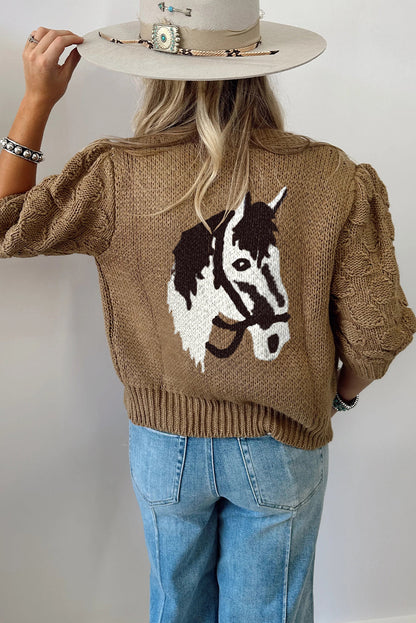 Elmwood Textured Knit Puff Sleeve Western Horse Print Pocketed Sweater Cardigan