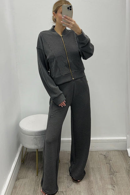 Black Stripe Baseball Collar Drop Shoulder Full Zipped Jacket and Sweatpants Set