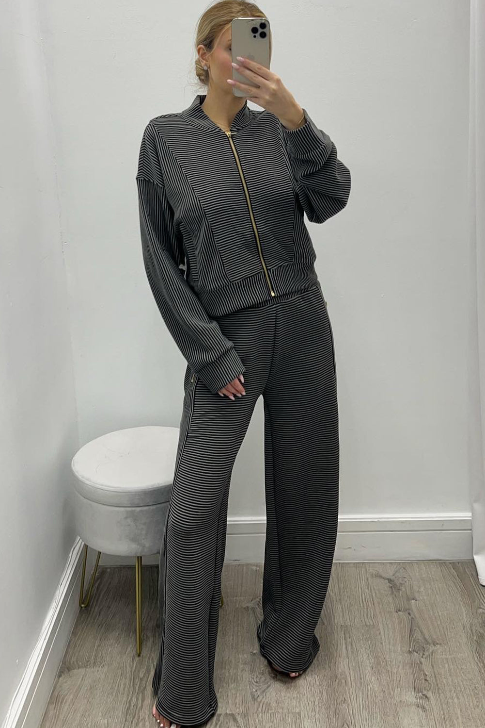 Black Stripe Baseball Collar Drop Shoulder Full Zipped Jacket and Sweatpants Set