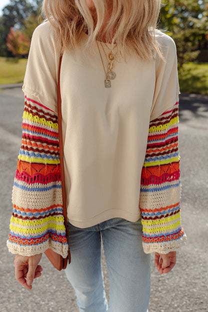 Beige Round Neck Colorful Knit Sleeve Patchwork Top