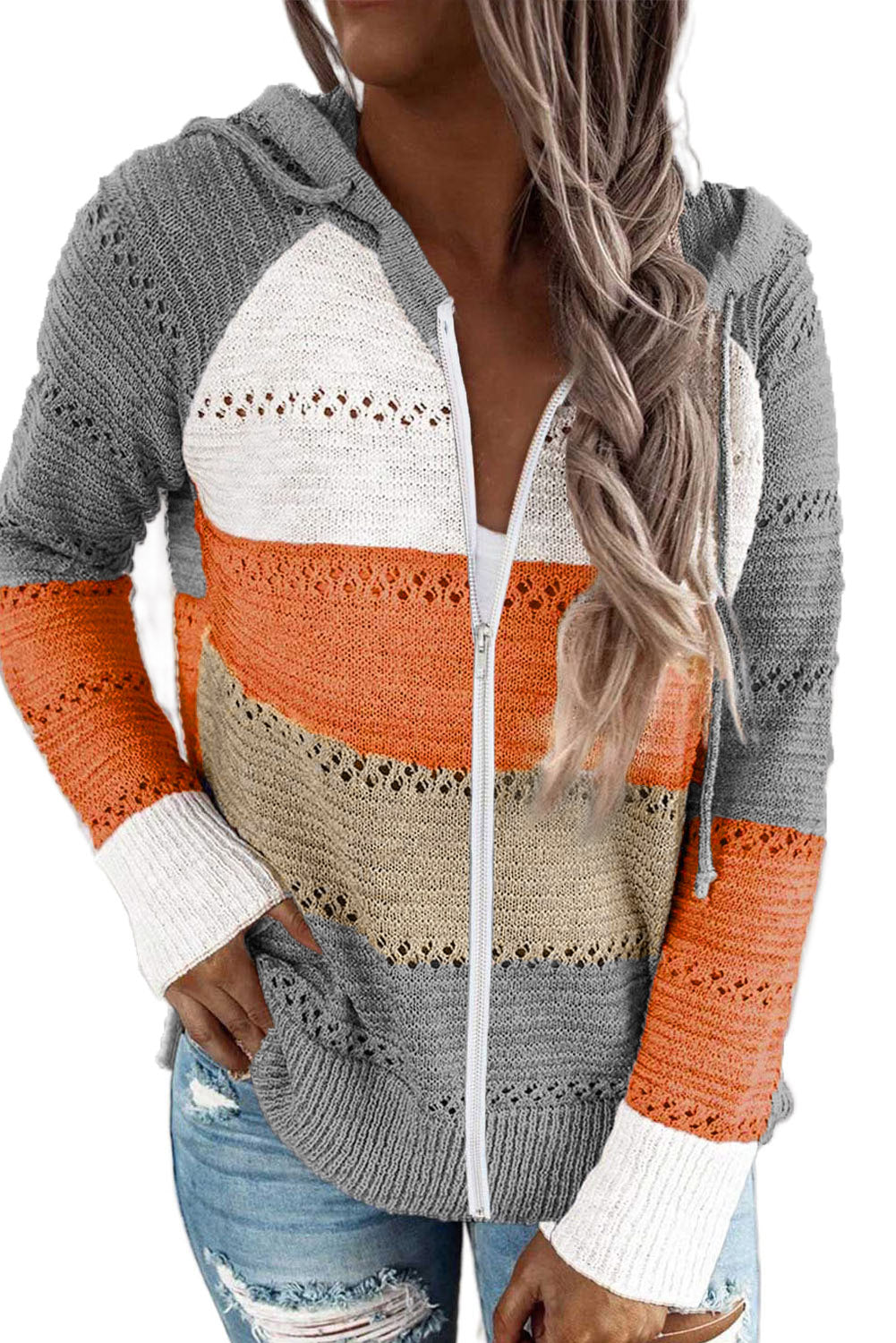 Gray Colorblock Knit Hoodie with Zipper Detail