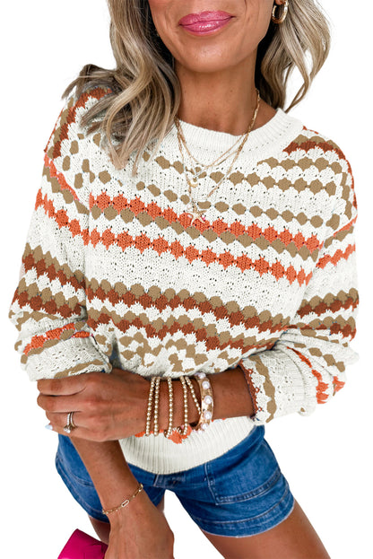Brown Stripe Eyelet Patterned Drop Shoulder Sweater