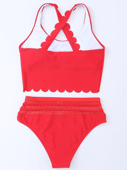 Fiery Red Scallop Trim High Waisted Bikini Set