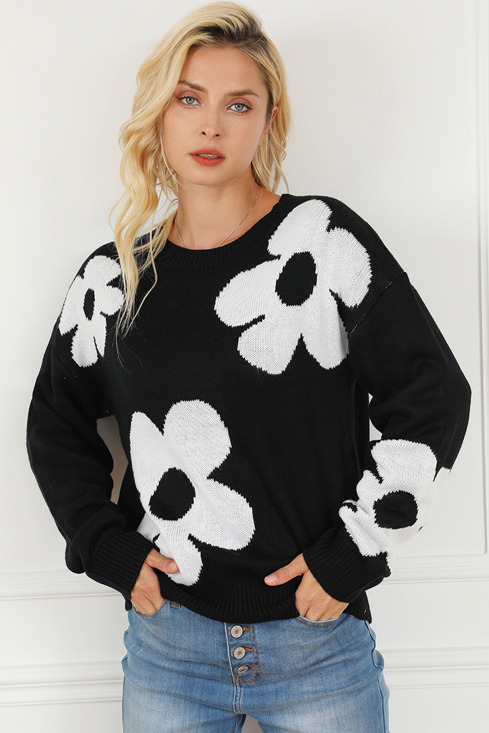 Elegant Black Floral Knit Sweater