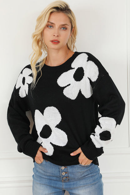 Elegant Black Floral Knit Sweater