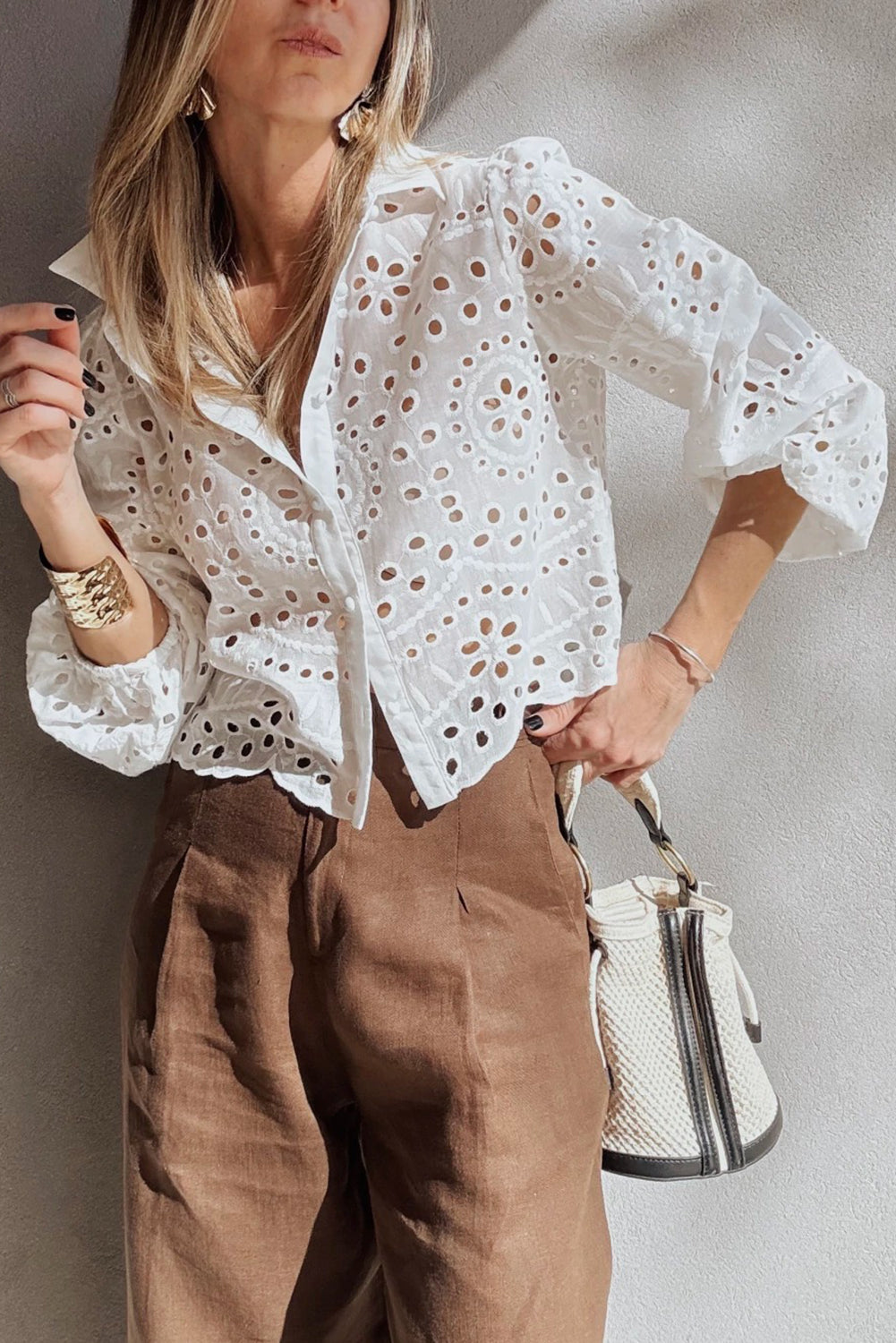 White Eyelet Embroidered Puff Sleeve Crop Shirt