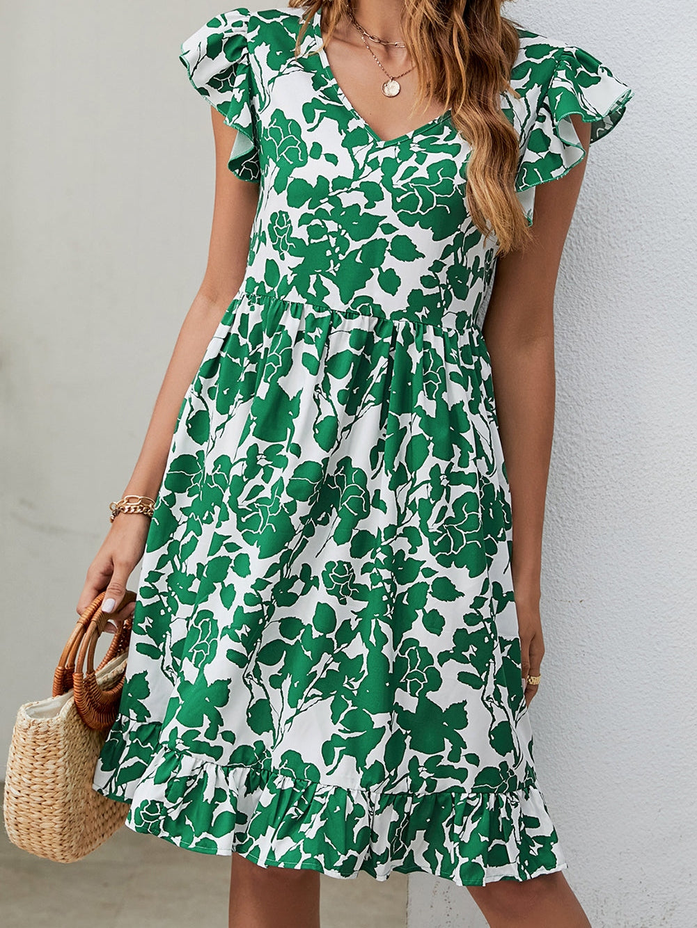 Bohemian Leaf Print Fashion Loose V-Neck Pleated Mini Dress