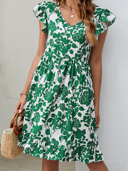 Bohemian Leaf Print Fashion Loose V-Neck Pleated Mini Dress