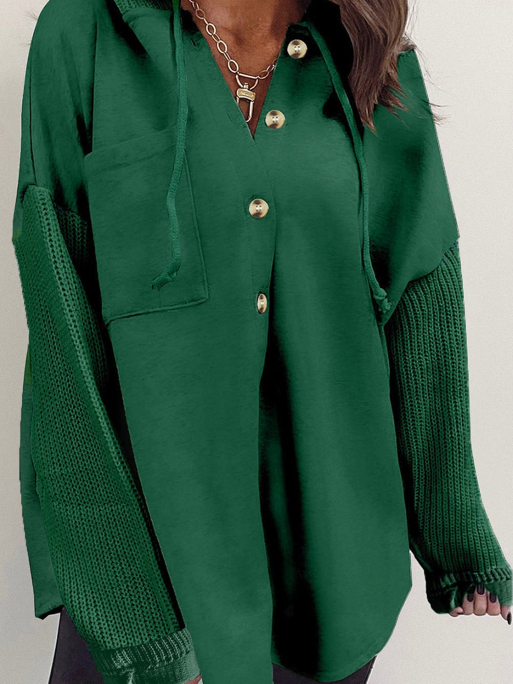 Green Contrast Knitted Sleeve Hooded Jacket with Button-Up Detail