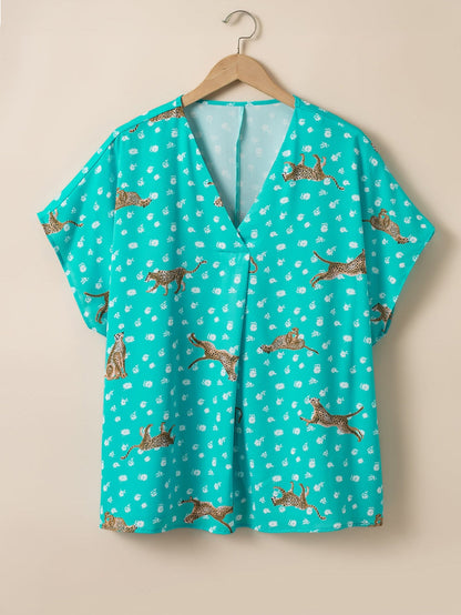 Green Cheetah Print V Neck Short Sleeve Plus Top