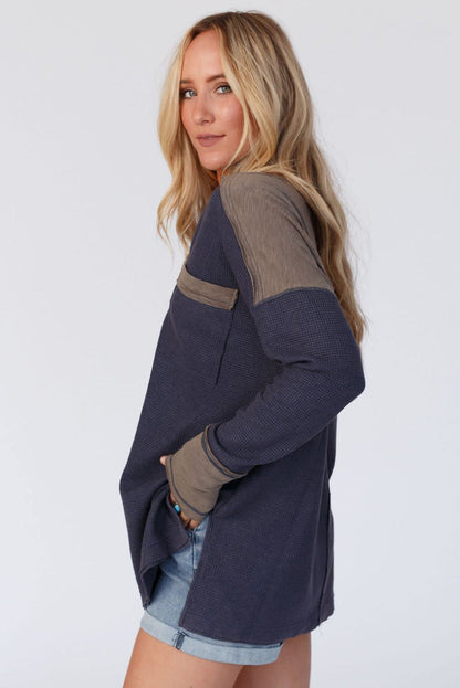 Dark Blue Contrast Trim Half Button Thermal Top
