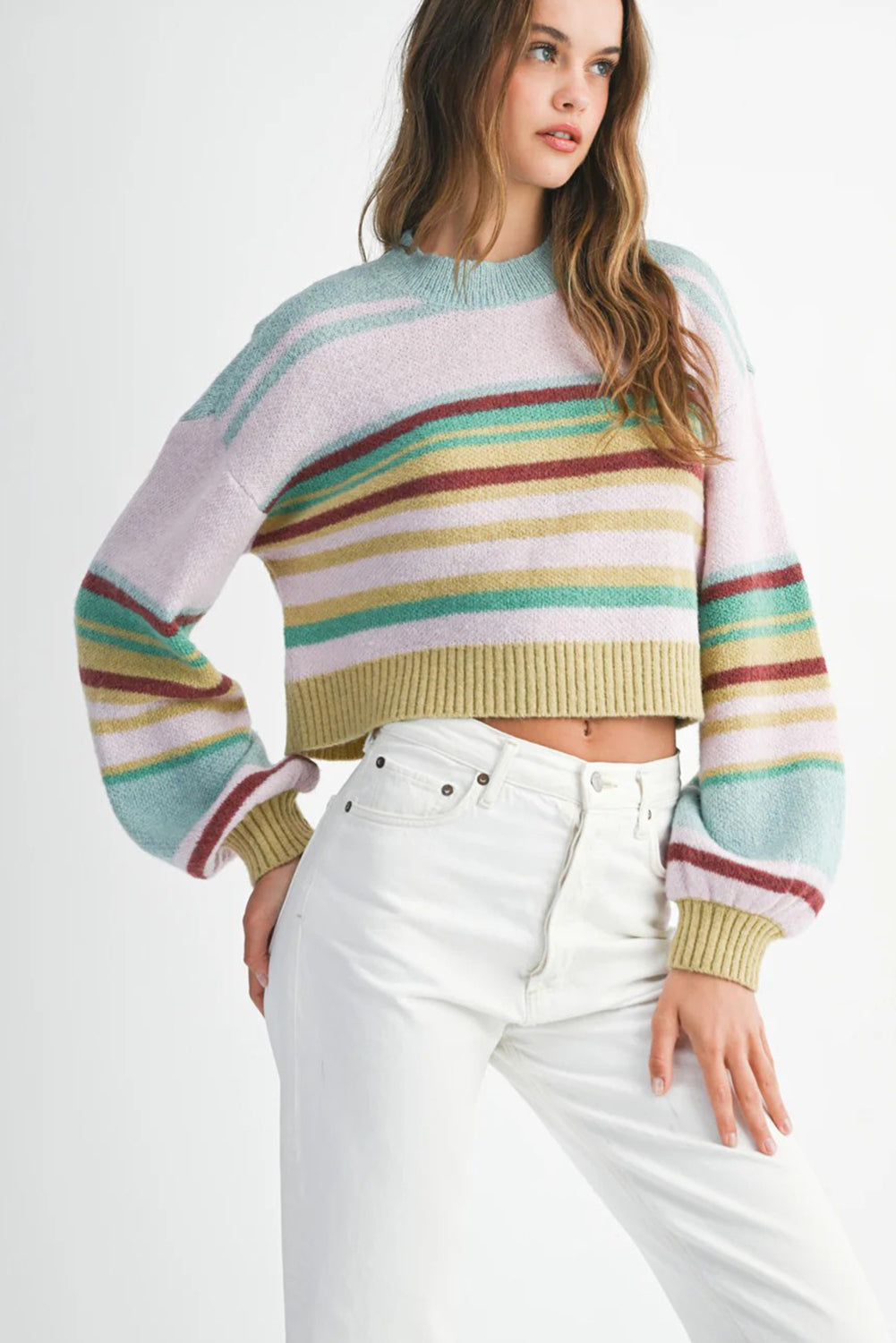 Multicolour Striped Knit Ribbed Trim Cropped Baggy Sweater