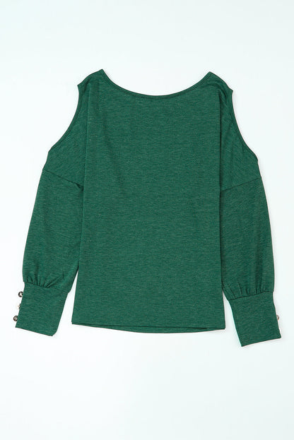 Green Buttoned Cold Shoulder Long Sleeve Top