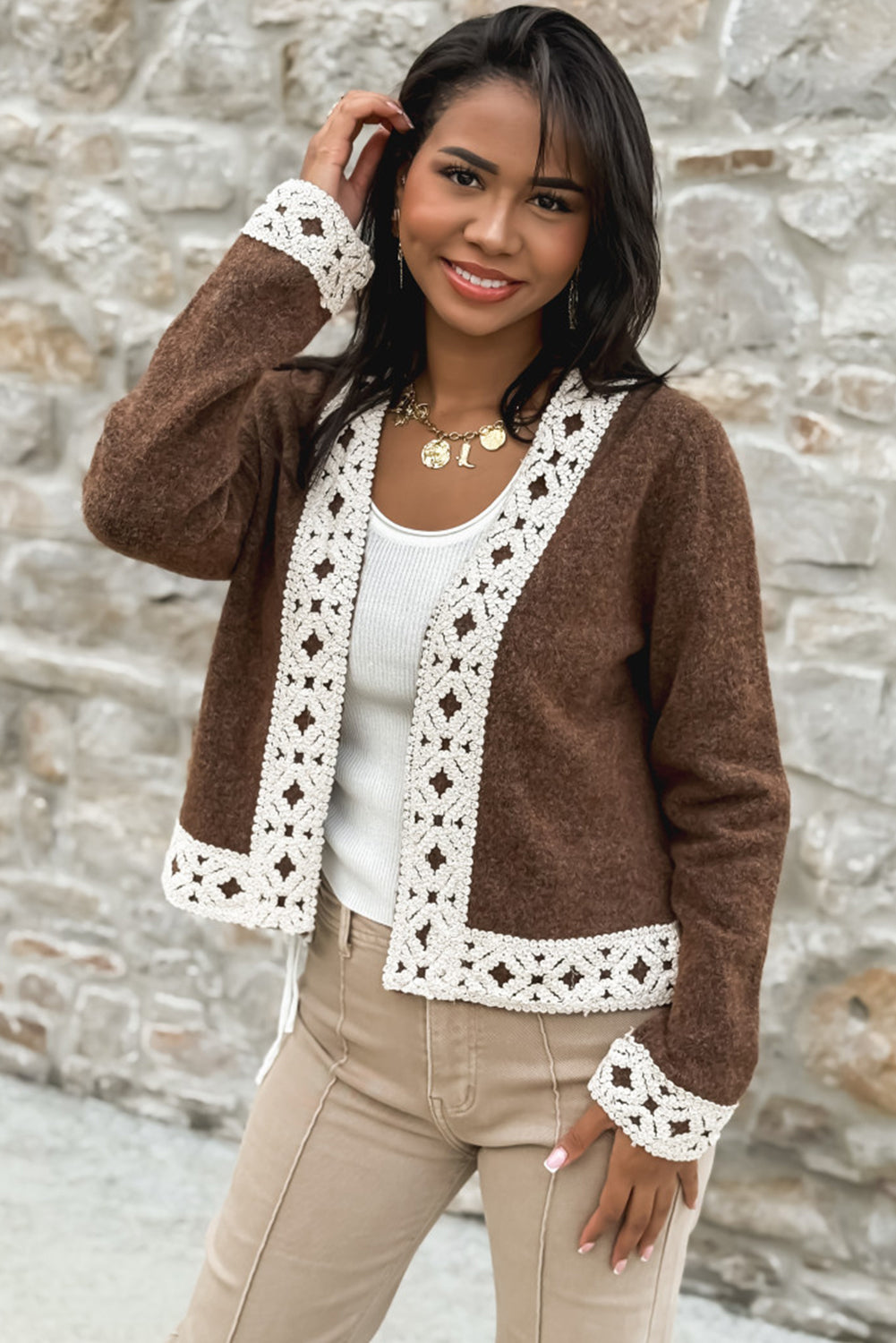 Dark Brown Contrast Lace Trim Open Short Cardigan