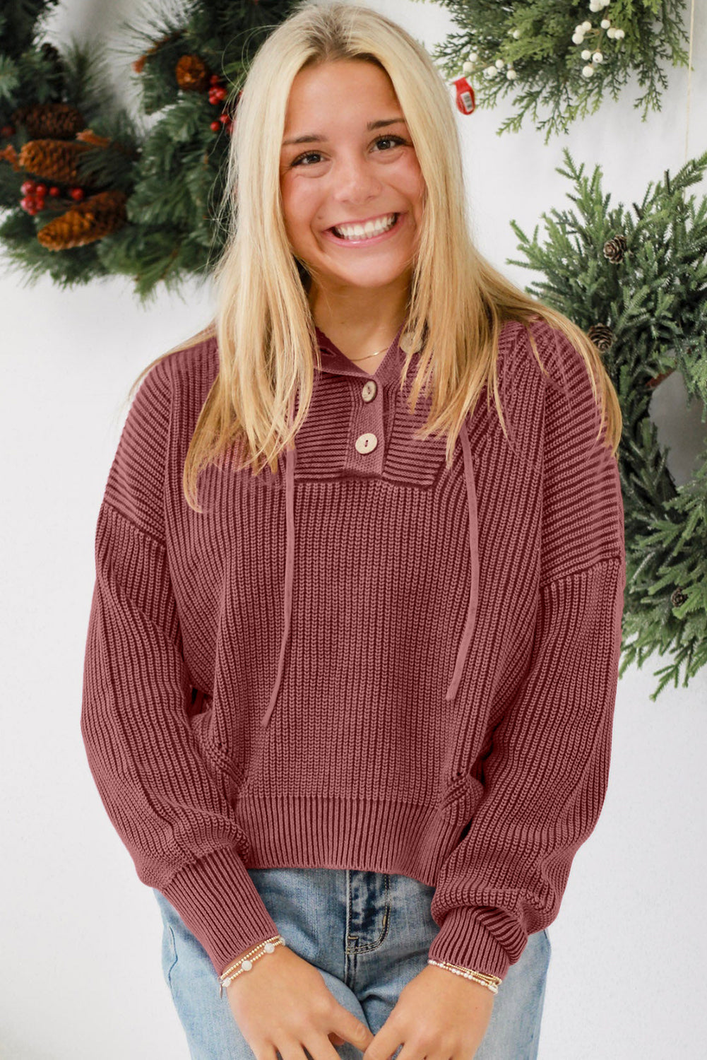 Red Dahlia Mineral Wash Ribbed Knit Button Drawstring Neck Hooded Sweater