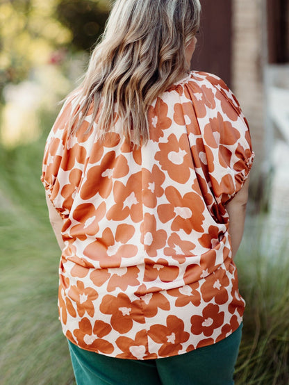 Orange Floral Print Plus Size V Neck Short Sleeve Blouse with Drawstring