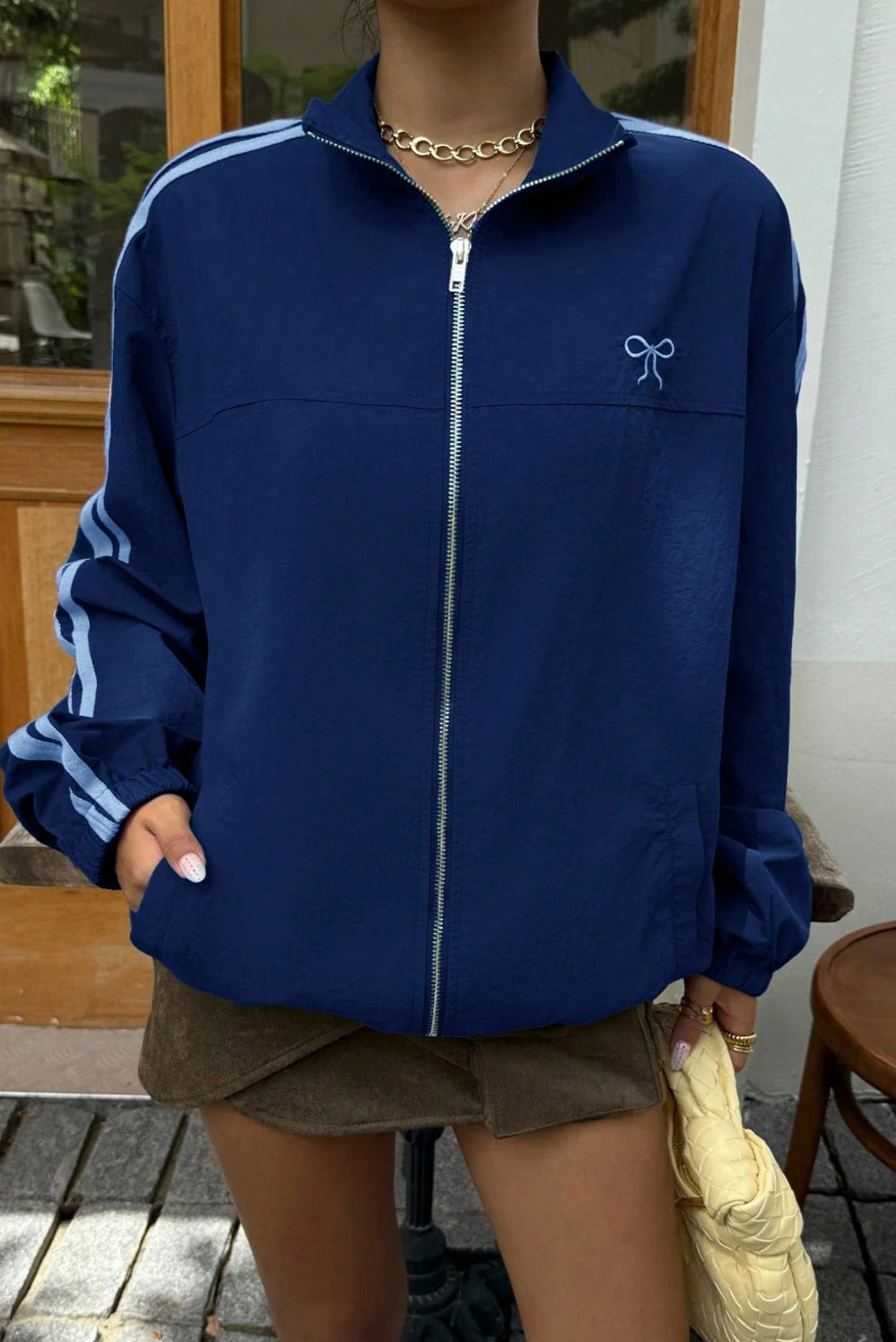 Bluing Bow Embroidered Detail Zip Up Sweatshirt Womens Jacket