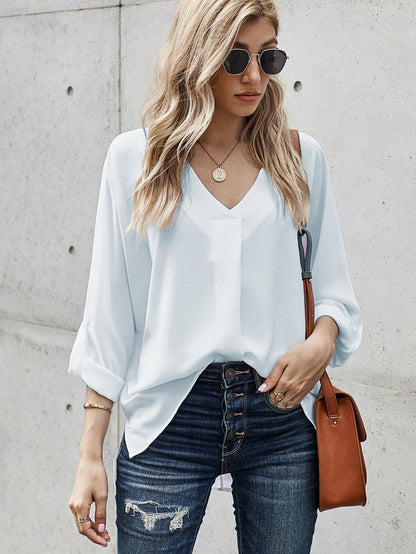 Elegant White V Neck High Low Hem Blouse