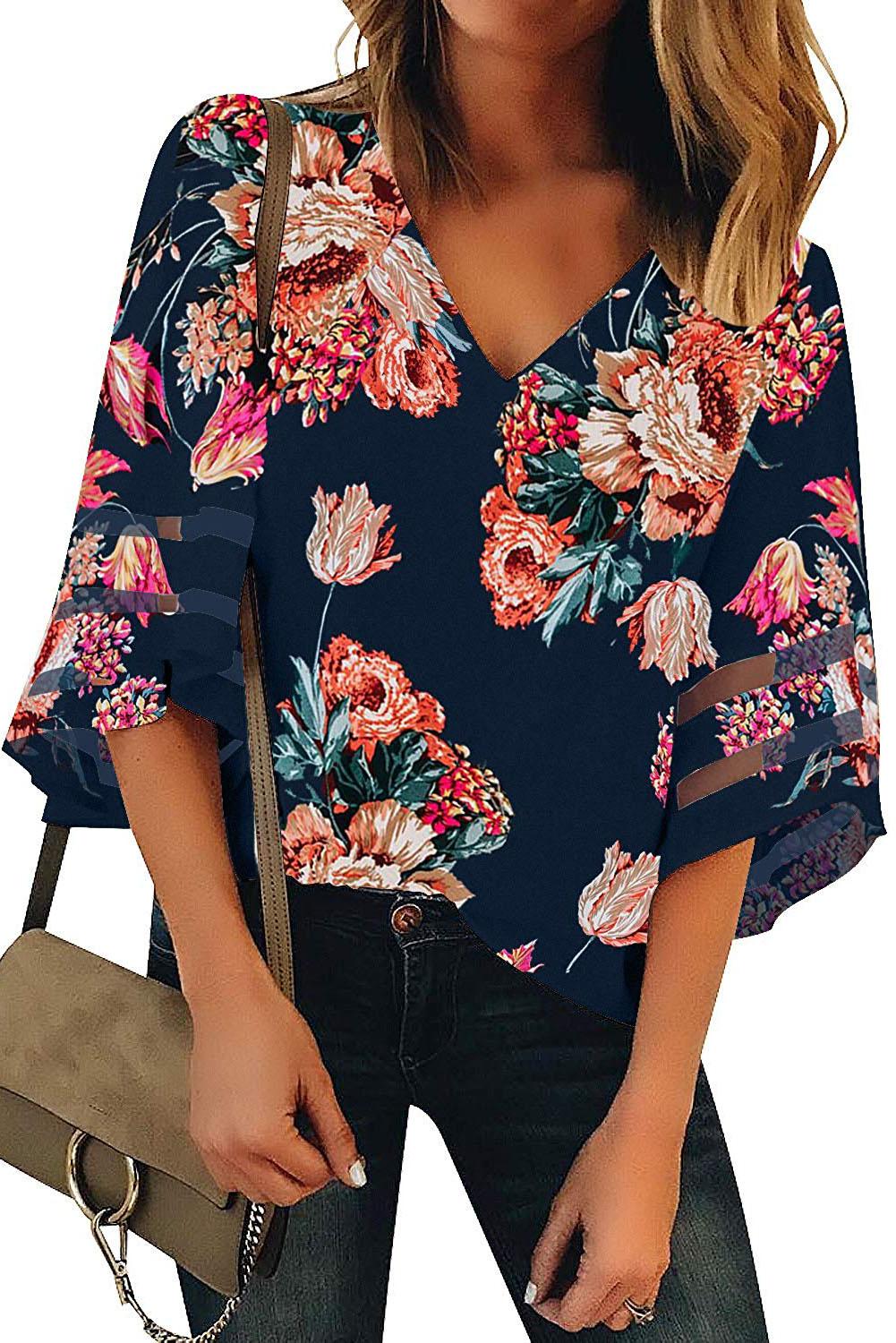 Fiery Red Floral Blouse with Sheer Patchwork Sleeve