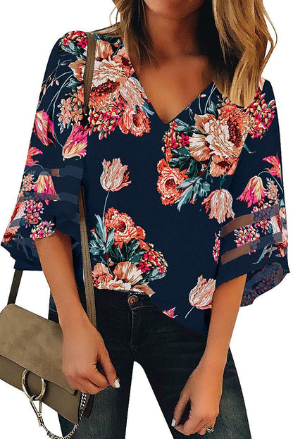 Fiery Red Floral Blouse with Sheer Patchwork Sleeve
