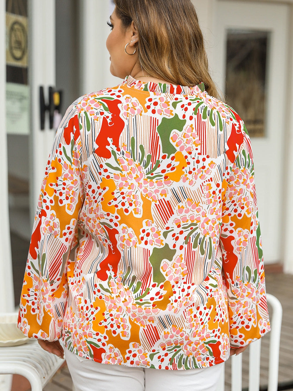 Orange Abstract Floral Frilled V-Neck Plus Size Blouse