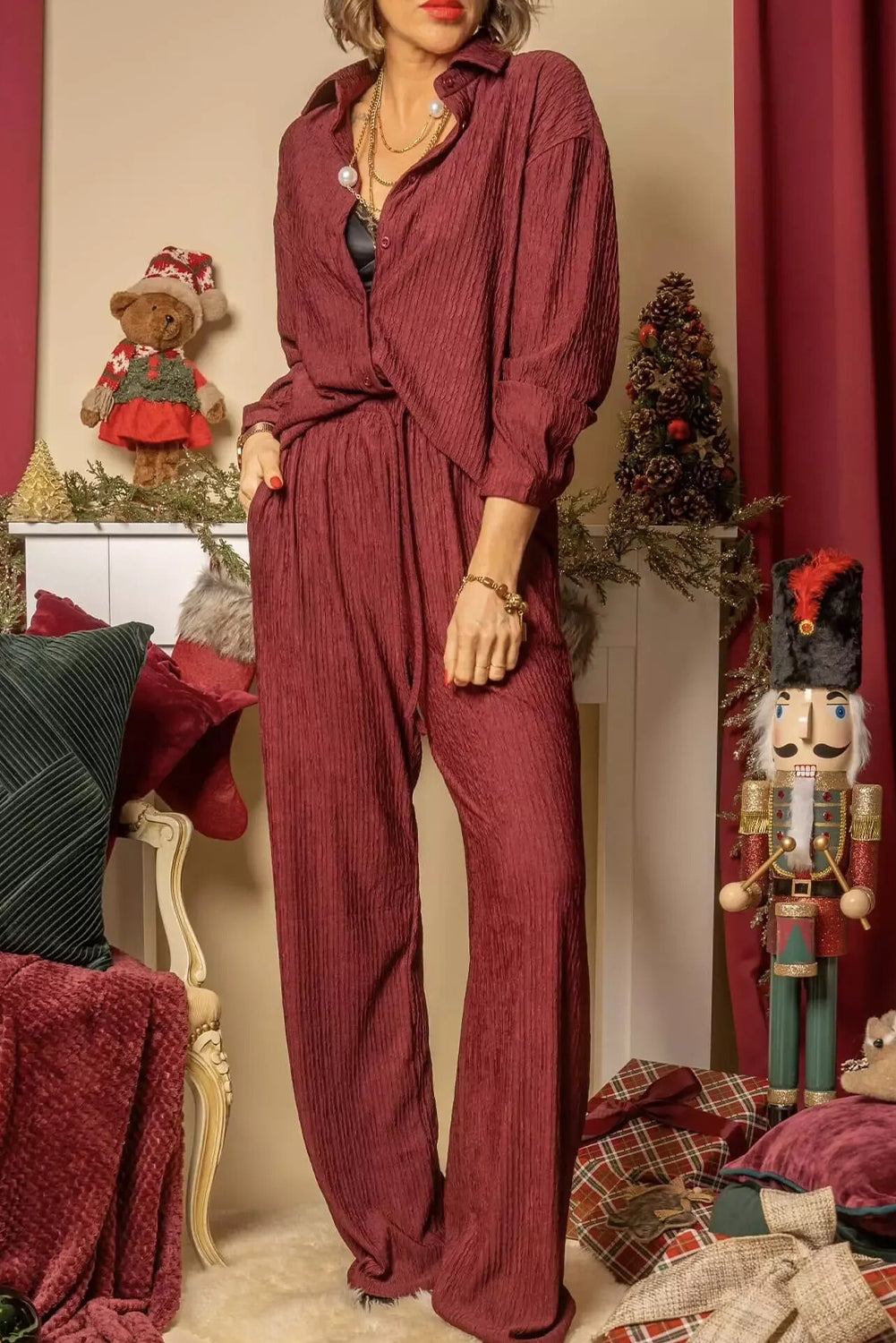 Red Dahlia Textured Loose Shirt Drawstring Elastic Waist 2pcs Pant Set