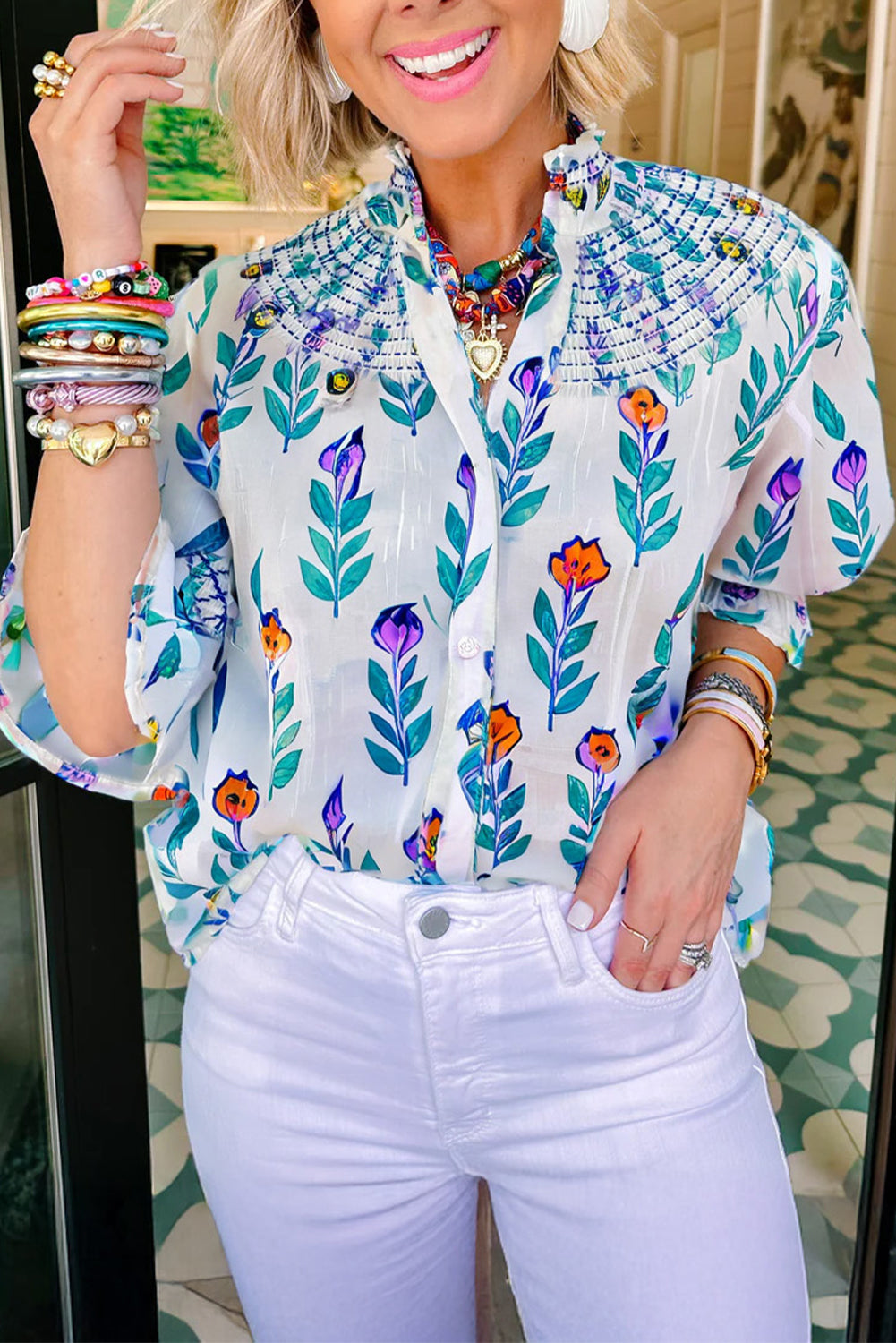 White Floral Smocked Button Up Ruffled Bracelet Sleeve Blouse Top